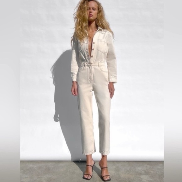 Zara - Beige Denim Jumpsuit Size Medium - Picture 1 of 10